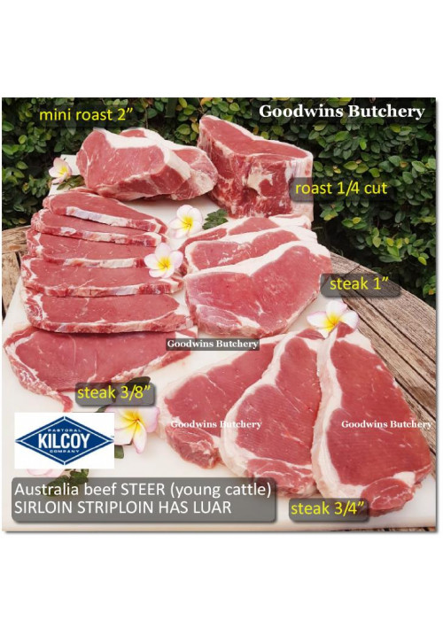 Beef Sirloin Striploin Porterhouse Has Luar Australia STEER (young cattle) frozen KILCOY BLUE DIAMOND steak 1, 3/4 & 3/8" (price/kg)